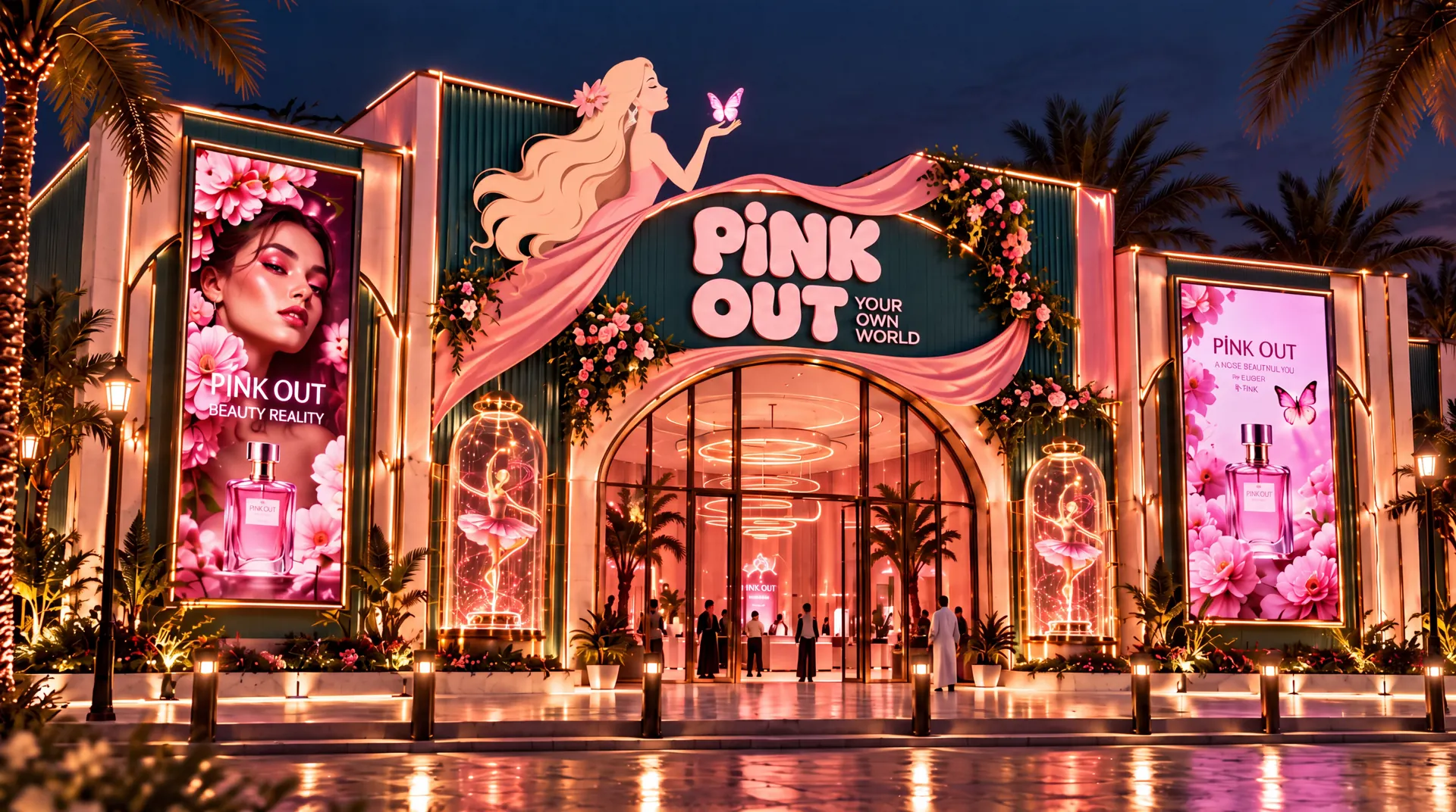 تصور واجهة PinkOut ليلاً، بوابة مضاءة وتفاصيل وردية على خلفية خضراء